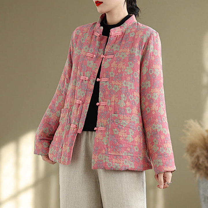 Buddha Stones Damen Winterjacke aus dicker Baumwolle mit Blumenmuster, langen Ärmeln und Taschen - image 12