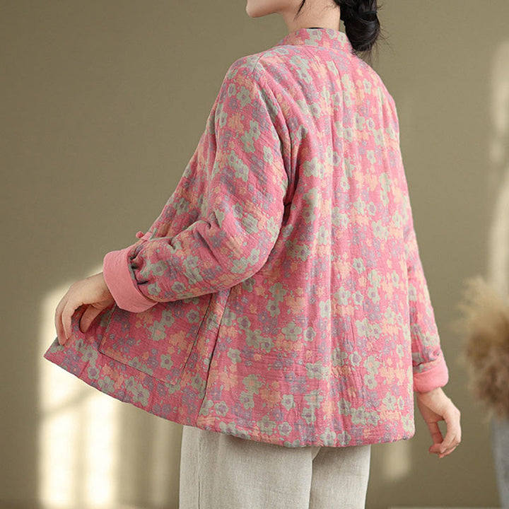 Buddha Stones Damen Winterjacke aus dicker Baumwolle mit Blumenmuster, langen Ärmeln und Taschen - image 8