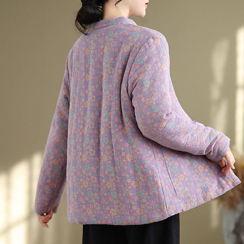 Buddha Stones Damen Winterjacke aus dicker Baumwolle mit Blumenmuster, langen Ärmeln und Taschen - image 22