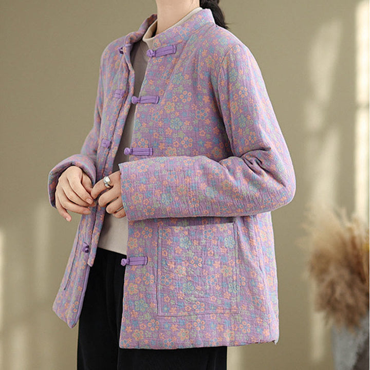 Buddha Stones Damen Winterjacke aus dicker Baumwolle mit Blumenmuster, langen Ärmeln und Taschen - image 20