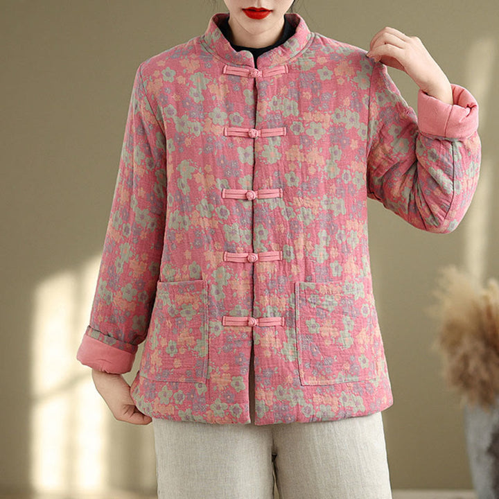 Buddha Stones Damen Winterjacke aus dicker Baumwolle mit Blumenmuster, langen Ärmeln und Taschen - image 10