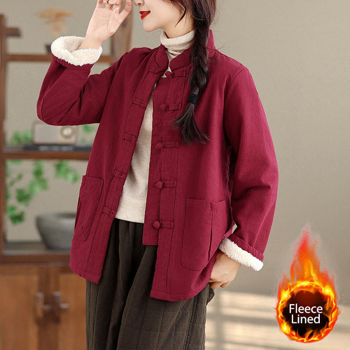 Buddha Stones Damen-Thermojacke mit langen Ärmeln, schlichtem Baumwollfutter, Knöpfen und Taschen - Dunkelrot - US14, UK/AU18, EU46 (2XL) - image 0