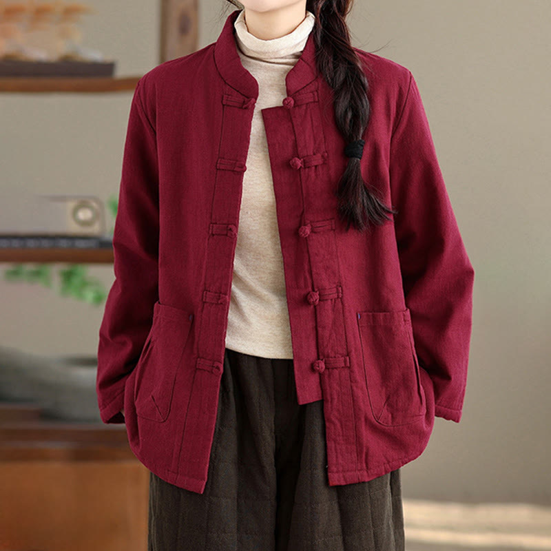 Buddha Stones Damen-Thermojacke mit langen Ärmeln, schlichtem Baumwollfutter, Knöpfen und Taschen - image 1