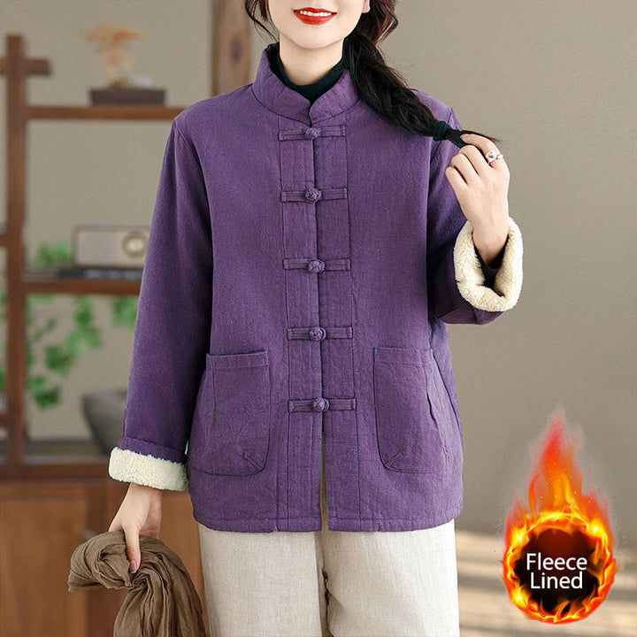 Buddha Stones Damen-Thermojacke mit langen Ärmeln, schlichtem Baumwollfutter, Knöpfen und Taschen - Dunkelviolett - US14, UK/AU18, EU46 (2XL) - image 8