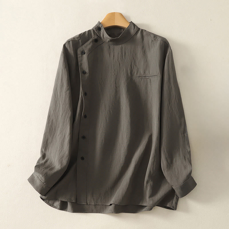 Buddha Stones -Herbstkragen, chinesische Froschknopfleiste, schlichtes Design, langärmeliges Damen-Baumwollhemd - Dunkelgrau - US 8-10, UK/AU 12-14, EU 40-42 (2XL) - image 0