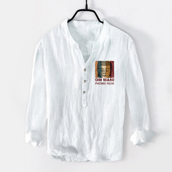 Buddha Stones OM MANI PADME HUM Buddha-Muster Halbknöpfe Herren Baumwoll-Leinen Langarmhemd - Weiß - US/ UK/AU50, EU60 (5XL) - image 6