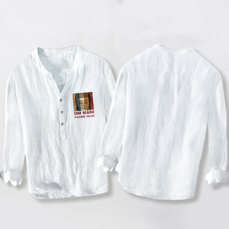 Buddha Stones OM MANI PADME HUM Buddha-Muster Halbknöpfe Herren Baumwoll-Leinen Langarmhemd - image 8