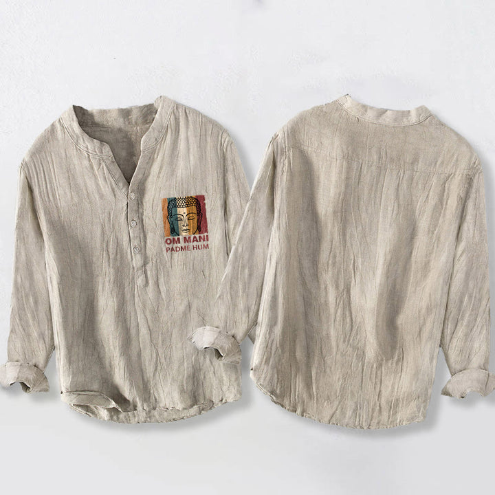 Buddha Stones OM MANI PADME HUM Buddha-Muster Halbknöpfe Herren Baumwoll-Leinen Langarmhemd - image 2