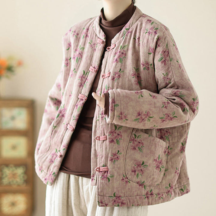 Buddha Stones Damen Langarm-Thermojacke aus Baumwolle mit Blumenmuster und Taschen - image 3