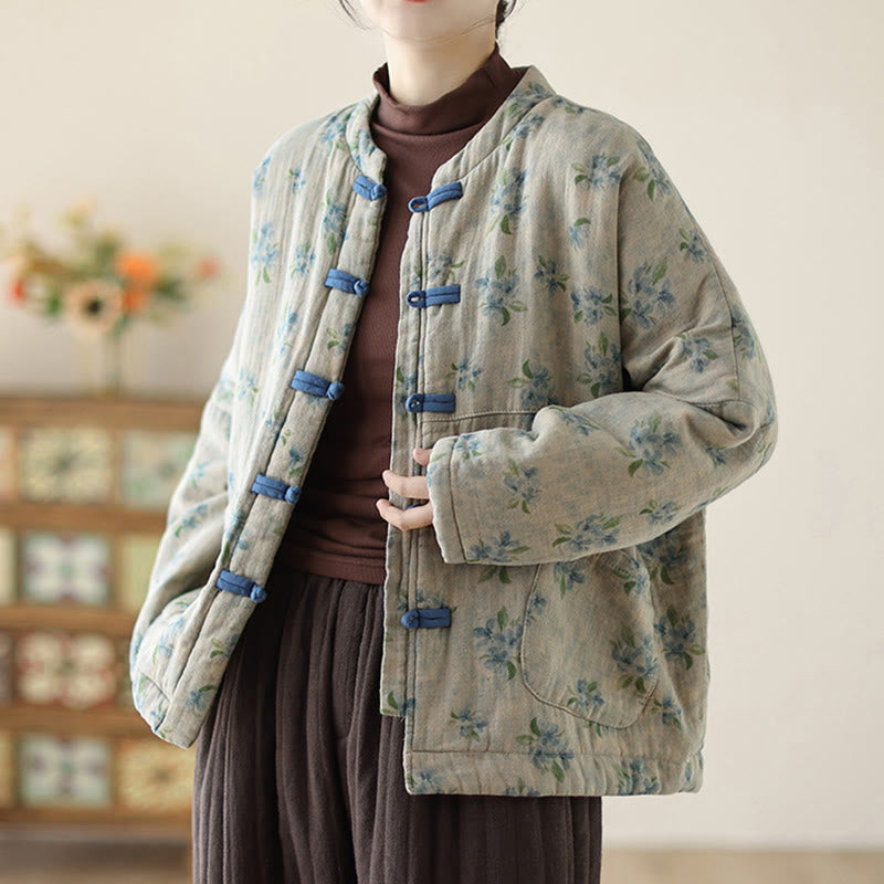 Buddha Stones Damen Langarm-Thermojacke aus Baumwolle mit Blumenmuster und Taschen - image 12