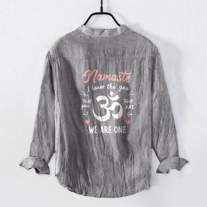 Buddha Stones „Namaste, ich ehre Dich“ Om-Muster, halbe Knöpfe, Herren-Langarmhemd aus Baumwoll-Leinen-Mischgewebe - image 8