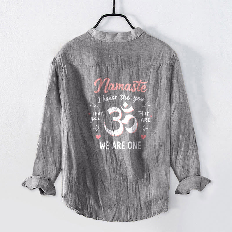 Buddha Stones „Namaste, ich ehre Dich“ Om-Muster, halbe Knöpfe, Herren-Langarmhemd aus Baumwoll-Leinen-Mischgewebe - image 8