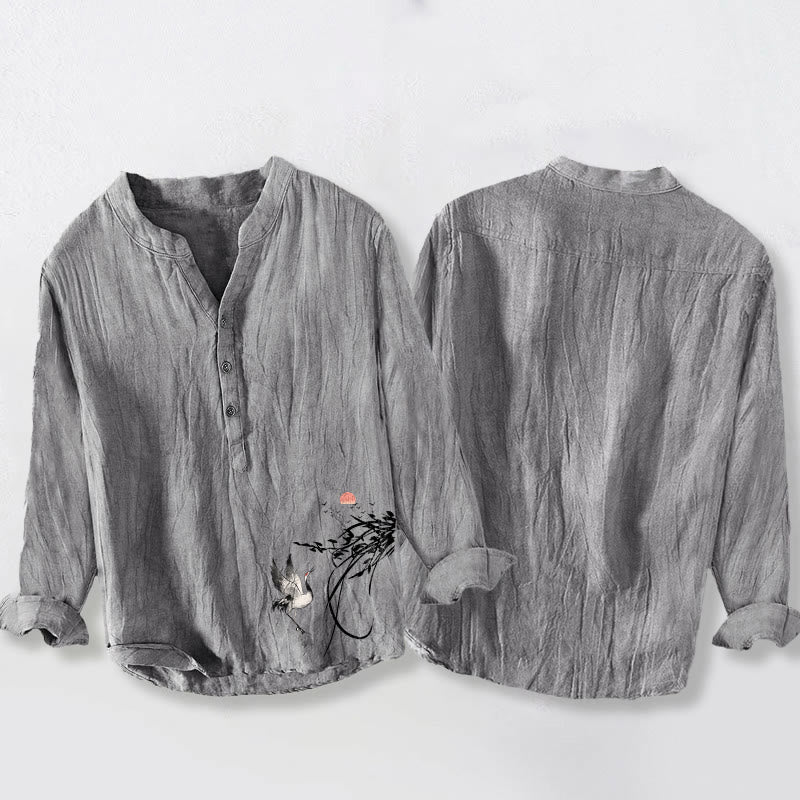 Herren-Langarmhemd aus Baumwoll-Leinen-Mischgewebe mit Buddha Stones, aufgehender Sonne und Kranichzweigen-Muster sowie halben Knöpfen. - image 5