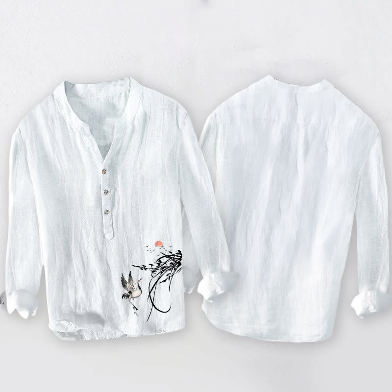 Herren-Langarmhemd aus Baumwoll-Leinen-Mischgewebe mit Buddha Stones, aufgehender Sonne und Kranichzweigen-Muster sowie halben Knöpfen. - image 8