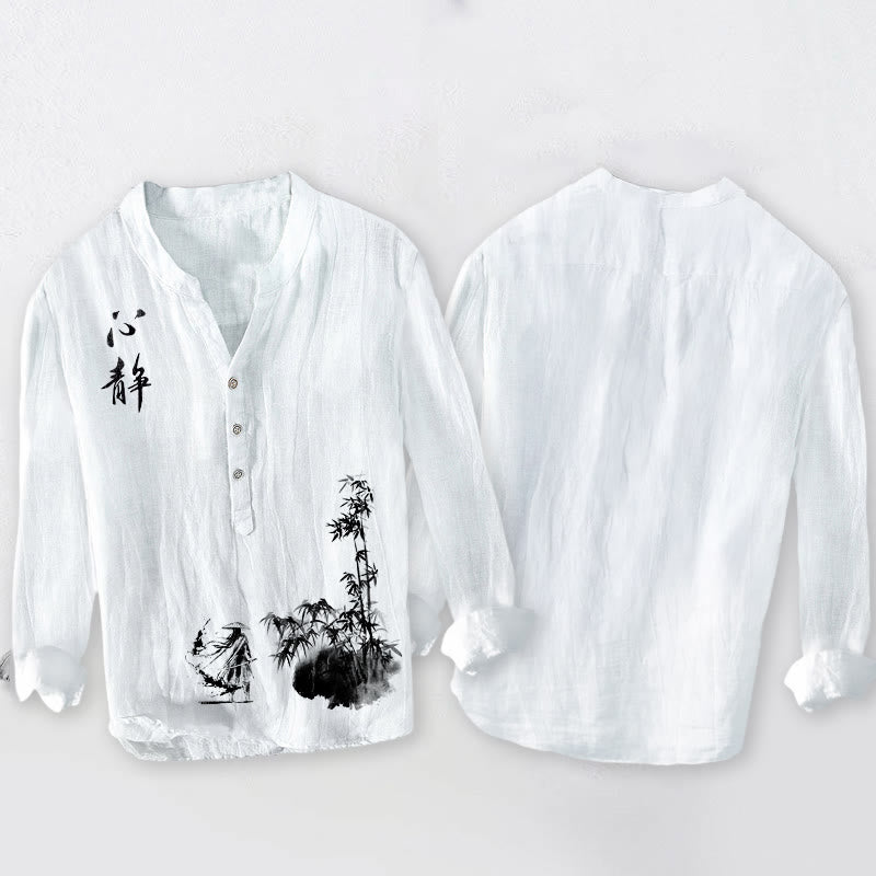 Herren-Langarmhemd aus Baumwolle und Leinen mit Buddha Stones, Bambusmotiven, chinesischen Schriftzeichen und Schwertkämpfer-Muster sowie halben Knöpfen. - image 8