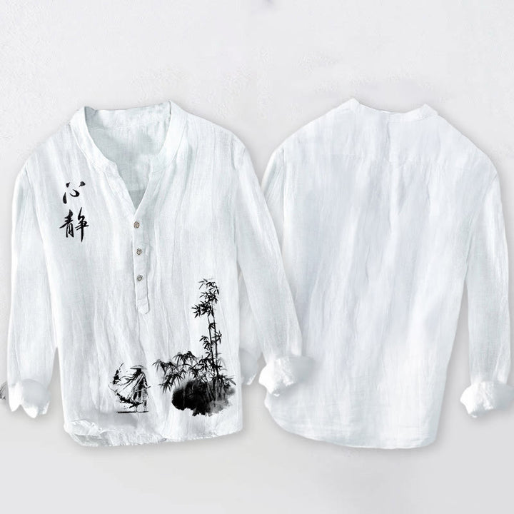 Herren-Langarmhemd aus Baumwolle und Leinen mit Buddha Stones, Bambusmotiven, chinesischen Schriftzeichen und Schwertkämpfer-Muster sowie halben Knöpfen. - image 8
