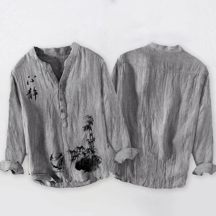 Herren-Langarmhemd aus Baumwolle und Leinen mit Buddha Stones, Bambusmotiven, chinesischen Schriftzeichen und Schwertkämpfer-Muster sowie halben Knöpfen. - image 5