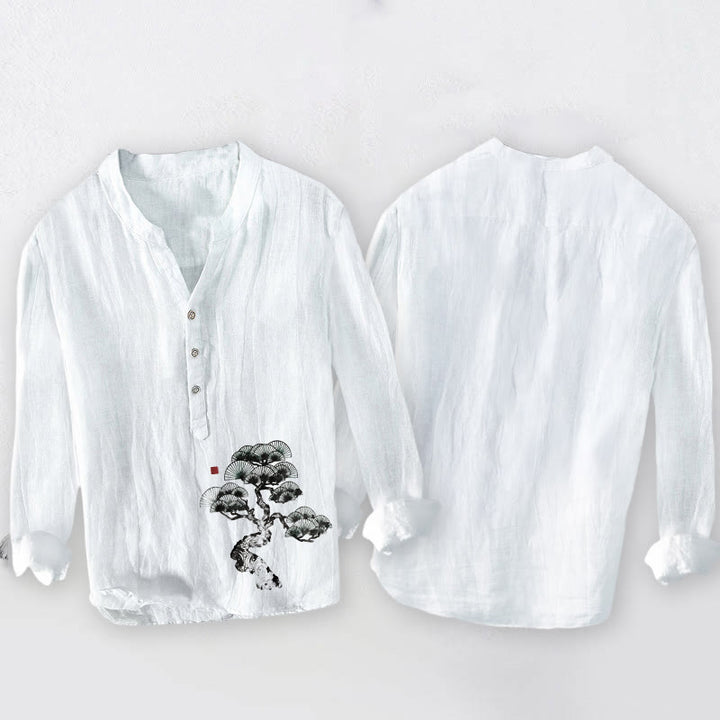 Herren-Langarmhemd aus Baumwoll-Leinen-Mischgewebe mit Buddha Stones und Kiefernmuster und halben Knöpfen. - image 8