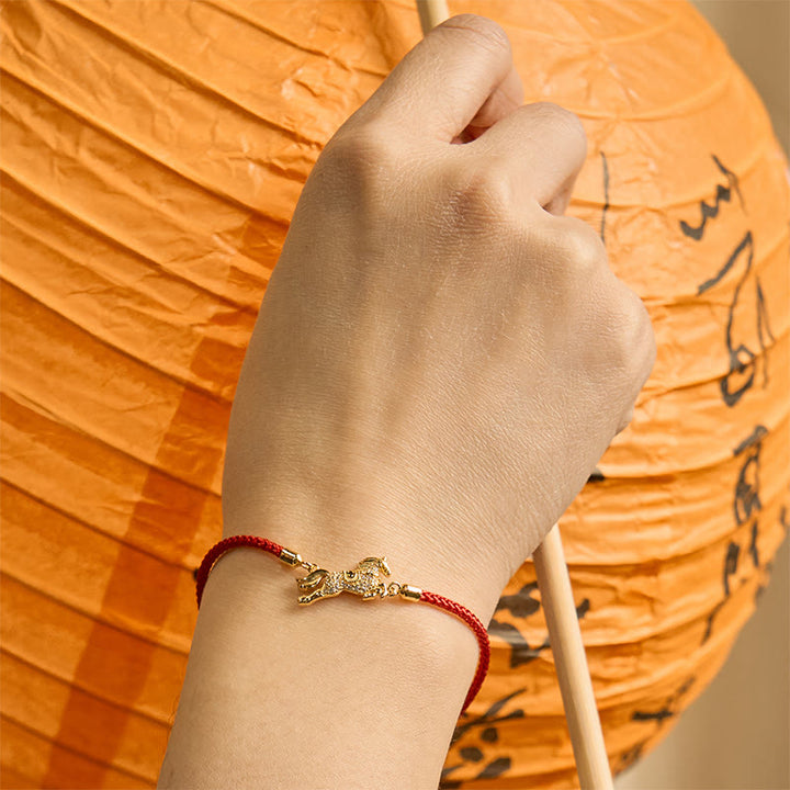 Buddha Stones Chinesisches Tierkreiszeichen Jahr des Pferdes 925 Sterling Silber Goldene rote Schnur Glücksarmband - image 2