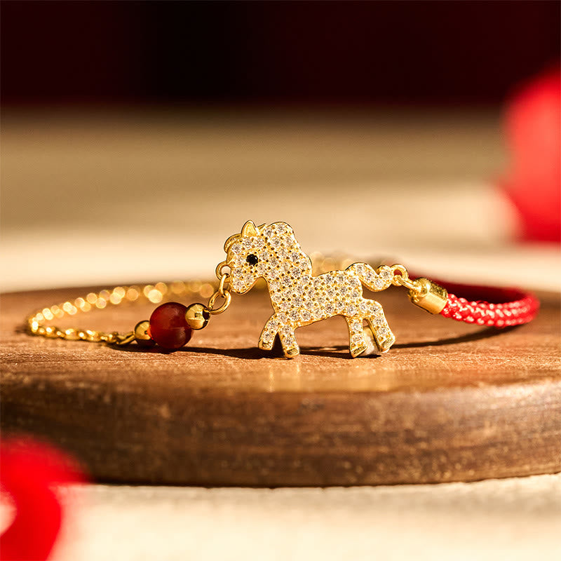 Buddha Stones 925 Sterling Silber vergoldet 18 Karat Gold Jahr des Pferdes Rote Schnur Stärke Armband - image 1