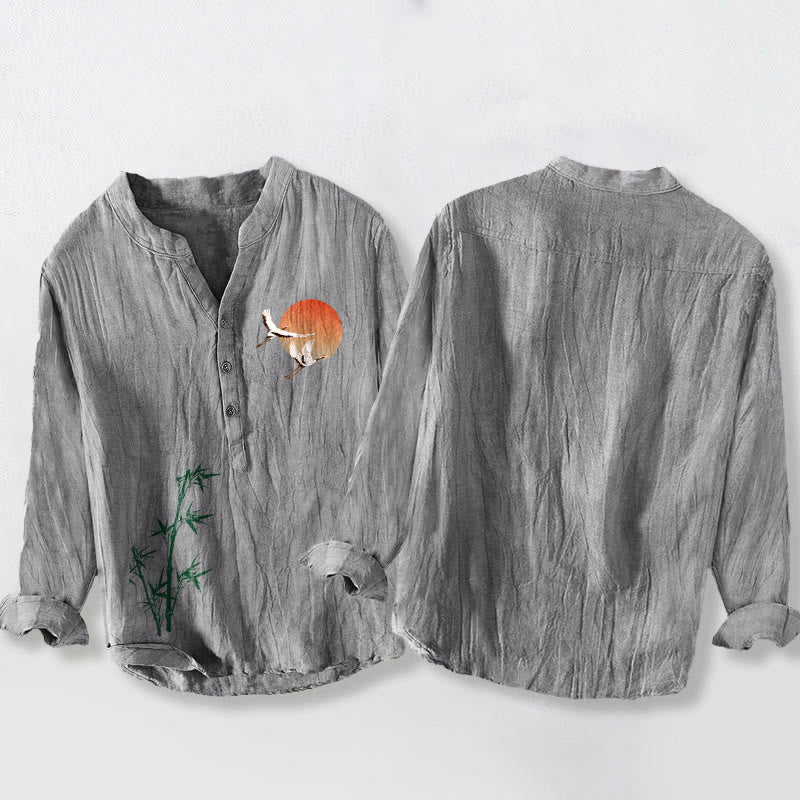 Buddha Stones Sun Crane Bamboo Leaves Pattern Halbknöpfe Herren Langarmhemd aus Baumwolle und Leinen - image 5
