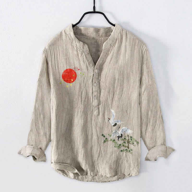 Herren-Langarmhemd aus Baumwoll-Leinen-Mischgewebe mit Buddha Stones, Sonnenkranich- und Kiefernzweigmuster sowie halben Knöpfen. - Leinen - US/ UK/AU50, EU60 (5XL) - image 6