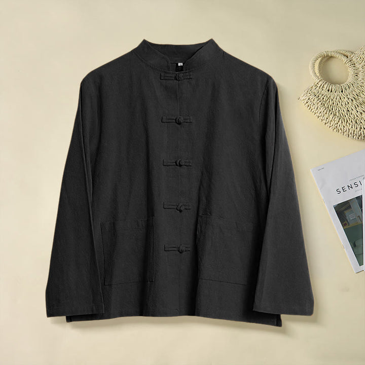 Buddha Stones Ethnic Frog-Button Langarm-Stehkragen Damen-Baumwollhemd mit Taschen - Schwarz - US12, UK/AU16, EU44 (2XL) - image 14