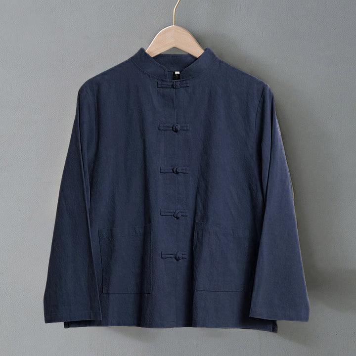 Buddha Stones Ethnic Frog-Button Langarm-Stehkragen Damen-Baumwollhemd mit Taschen - image 22