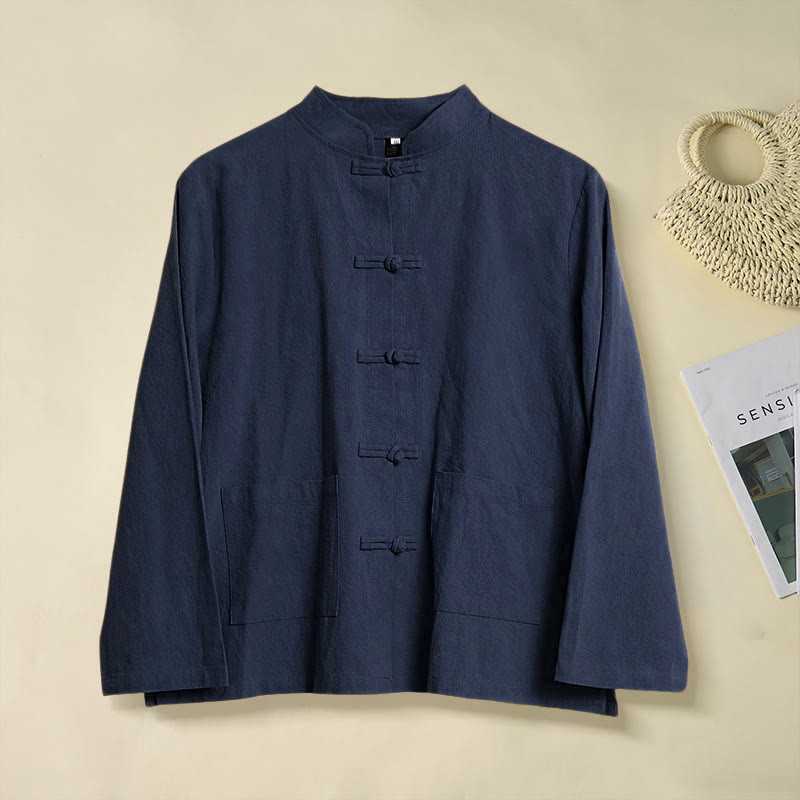 Buddha Stones Ethnic Frog-Button Langarm-Stehkragen Damen-Baumwollhemd mit Taschen - Mitternachtsblau - US12, UK/AU16, EU44 (2XL) - image 21