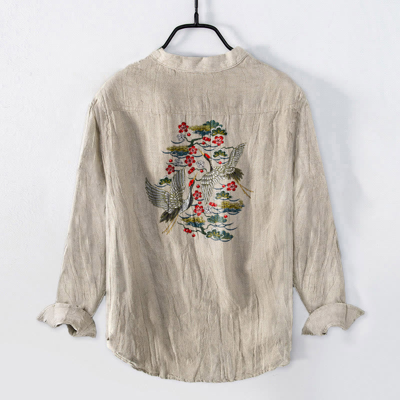 Herren-Langarmhemd aus Baumwoll-Leinen-Mischgewebe mit Buddha Stones, Kranich-Kiefern-Blumenmuster und halben Knöpfen. - image 5