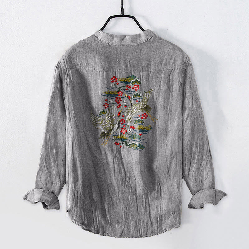 Herren-Langarmhemd aus Baumwoll-Leinen-Mischgewebe mit Buddha Stones, Kranich-Kiefern-Blumenmuster und halben Knöpfen. - image 8