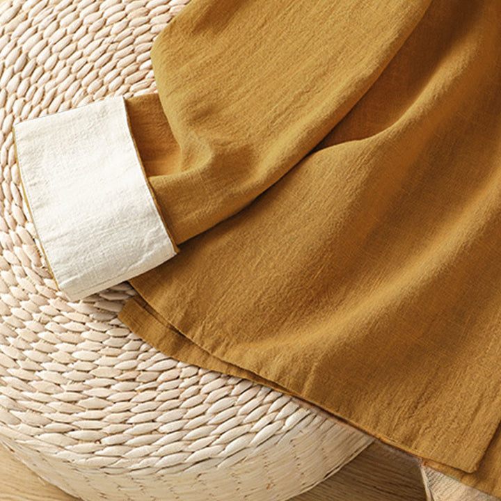 Buddha Stones Farbkontrast-Design Chinesischer Frosch-Knopf Langärmliges Damen-Leinenhemd - image 6