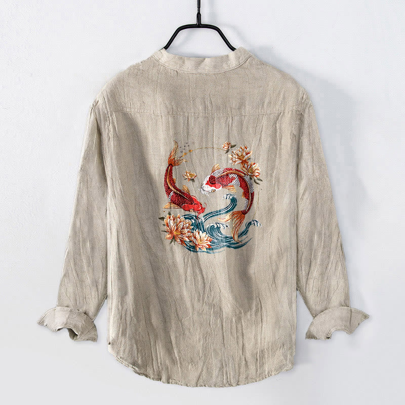 Herren-Langarmhemd aus Baumwoll-Leinen-Mischgewebe mit Buddha Stones, Koi-Karpfen, Lotuswellenmuster und halben Knöpfen. - image 5