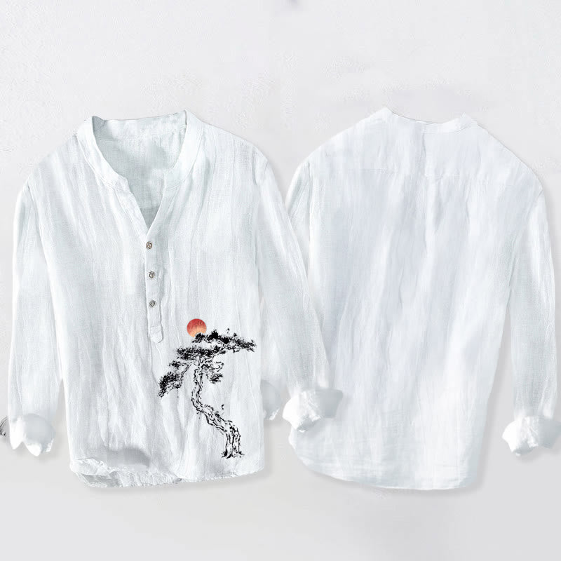 Buddha Stones Kiefernbaum Rotes Sonnenmuster Halbknöpfe Herren Langarmhemd aus Baumwolle und Leinen - image 8