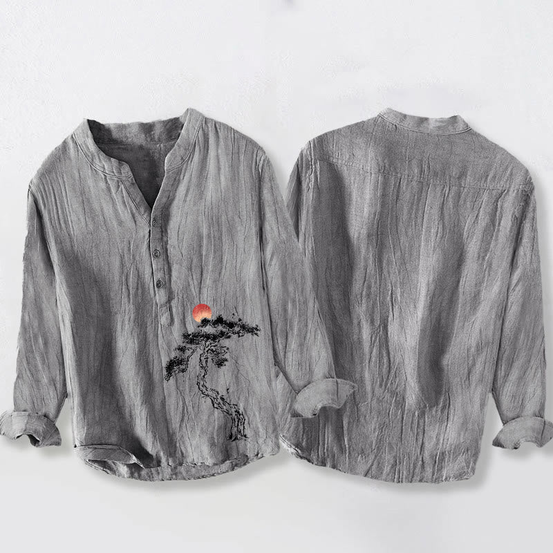 Buddha Stones Kiefernbaum Rotes Sonnenmuster Halbknöpfe Herren Langarmhemd aus Baumwolle und Leinen - image 5