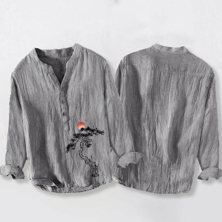 Buddha Stones Kiefernbaum Rotes Sonnenmuster Halbknöpfe Herren Langarmhemd aus Baumwolle und Leinen - image 5