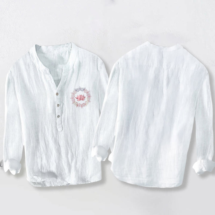 Herren-Langarmhemd aus Baumwoll-Leinen-Mischgewebe mit Buddha Stones -Lotus-Mandala-Muster und halben Knöpfen. - image 2