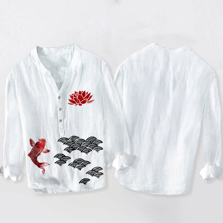 Buddha Stones, Koi-Karpfen, Lotus, Glückswolken, halbe Knöpfe, Herren-Langarmhemd aus Baumwoll-Leinen-Mischgewebe - image 5