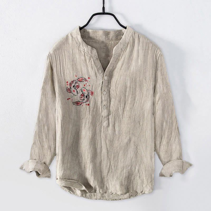 Herren-Langarmhemd aus Baumwoll-Leinen-Mischgewebe mit Buddha Stones, Koi-Karpfen-Yin-Yang-Muster und halben Knöpfen. - Leinen - US/ UK/AU50, EU60 (5XL) - image 0
