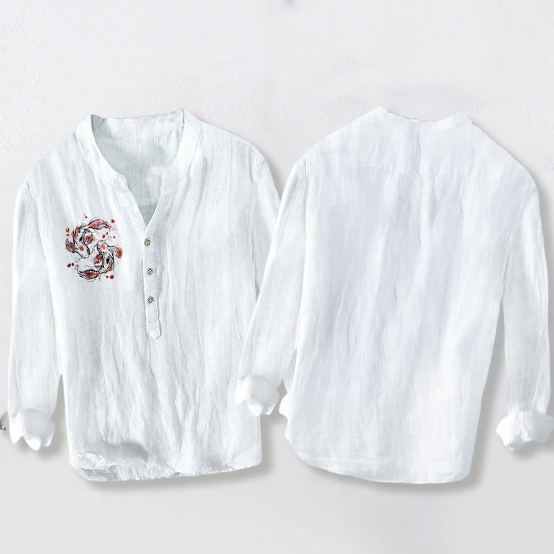 Herren-Langarmhemd aus Baumwoll-Leinen-Mischgewebe mit Buddha Stones, Koi-Karpfen-Yin-Yang-Muster und halben Knöpfen. - image 8