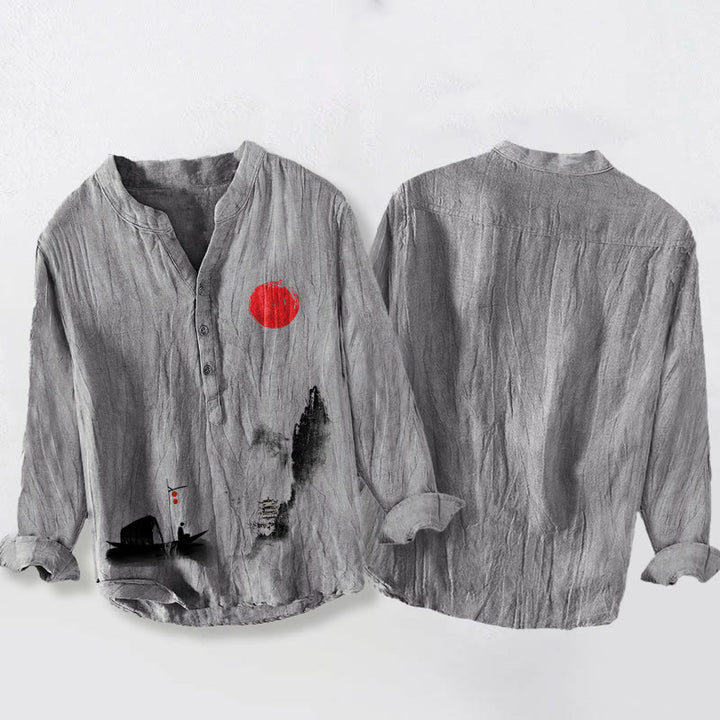 Buddha Stones , Berge, Fischerboot, rote Sonne, halbe Knöpfe, Herren-Langarmhemd aus Baumwoll-Leinen-Mischgewebe - image 5