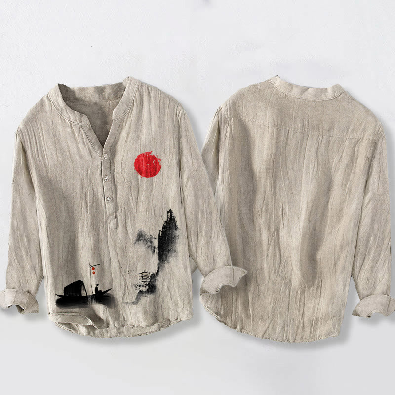 Buddha Stones , Berge, Fischerboot, rote Sonne, halbe Knöpfe, Herren-Langarmhemd aus Baumwoll-Leinen-Mischgewebe - image 8