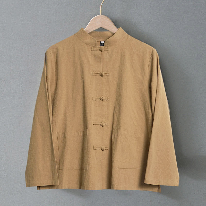 Buddha Stones Ethnic Frog-Button Langarm-Stehkragen Damen-Baumwollhemd mit Taschen - image 1