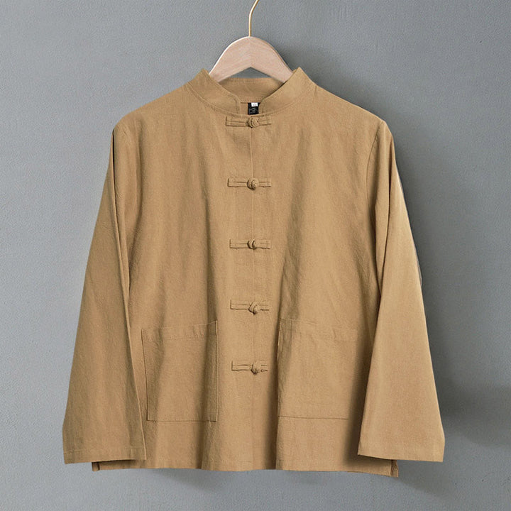 Buddha Stones Ethnic Frog-Button Langarm-Stehkragen Damen-Baumwollhemd mit Taschen - image 1