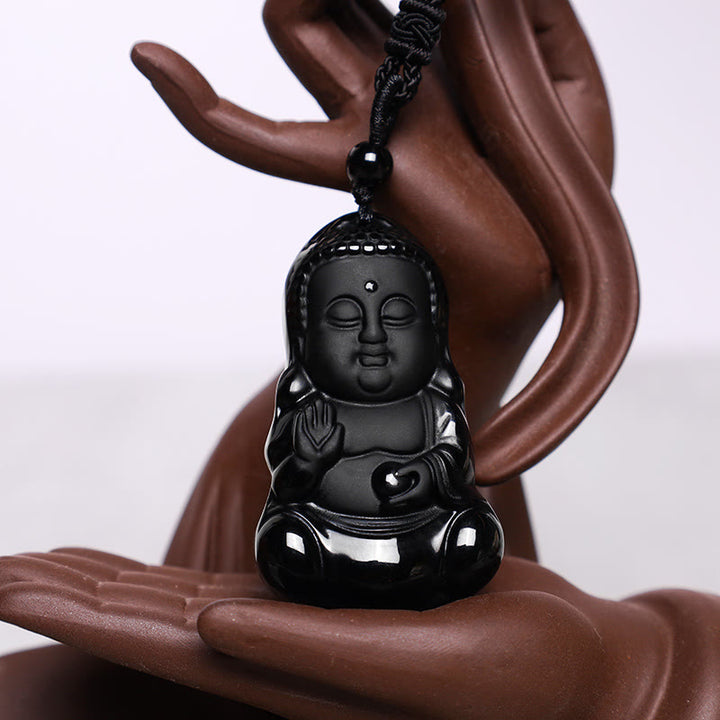Buddha Stones, natürlicher schwarzer Obsidian-Kristall, Buddha-Stärke, Schutz, Amulett, Glücksbringer-Anhänger-Halskette - image 3