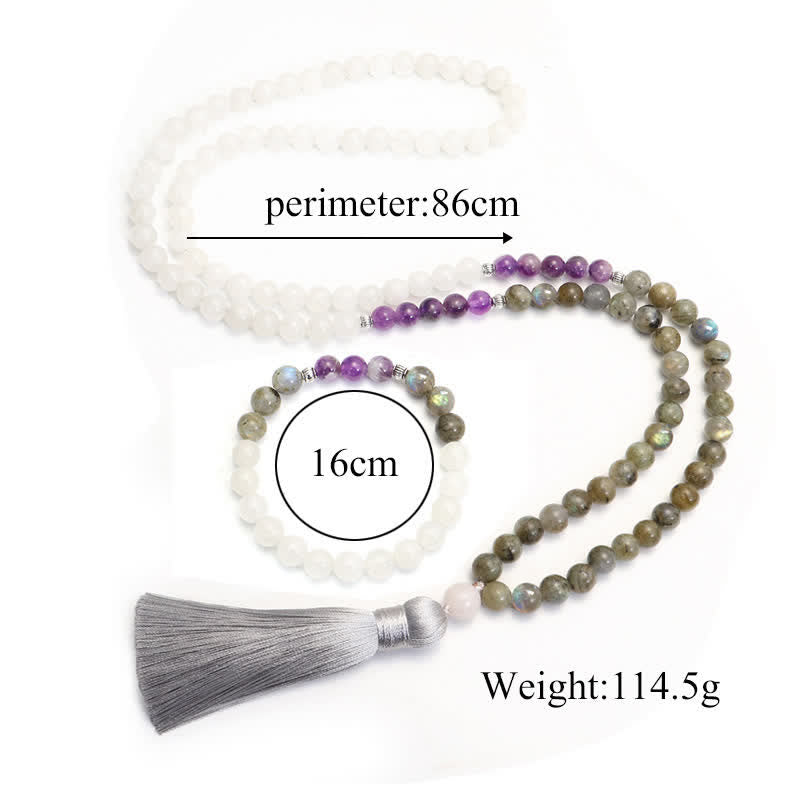 108 Mala-Perlen, Weiß Achat, Amethyst, schwarzer Glitzerstein, Schutzarmband