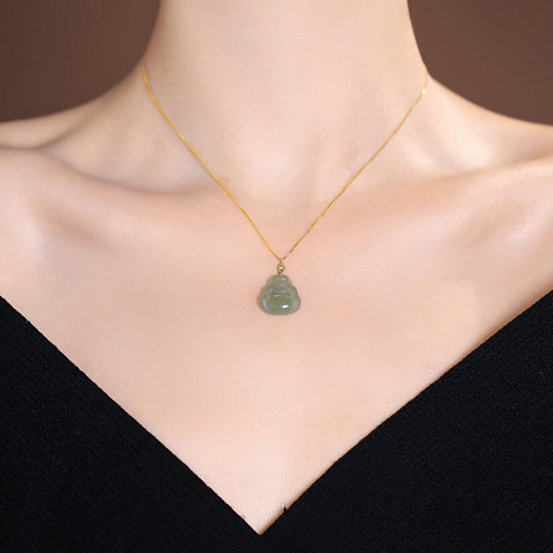 925 Sterling Silber natürliche Hetian Jade Cyan Jade Glück lachender Buddha Schmetterling Halskette Anhänger - image 4