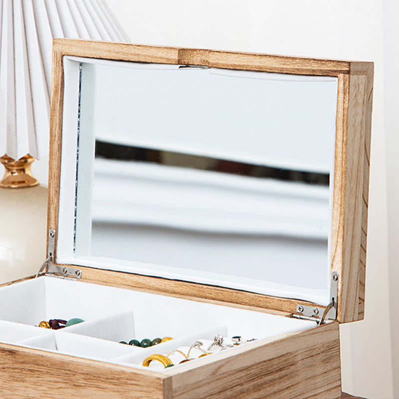 Buddha Stones Retro Beige Holz-Schmuckkästchen, zweilagige Schmuck-Aufbewahrungsbox mit Spiegel - image 7