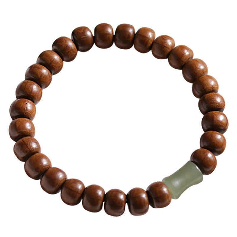 Buddha Stones Armband aus natürlichem Abelia Biflora-Holz, Hetian-Jade und Bambusperle, das böse Geister abwehrt