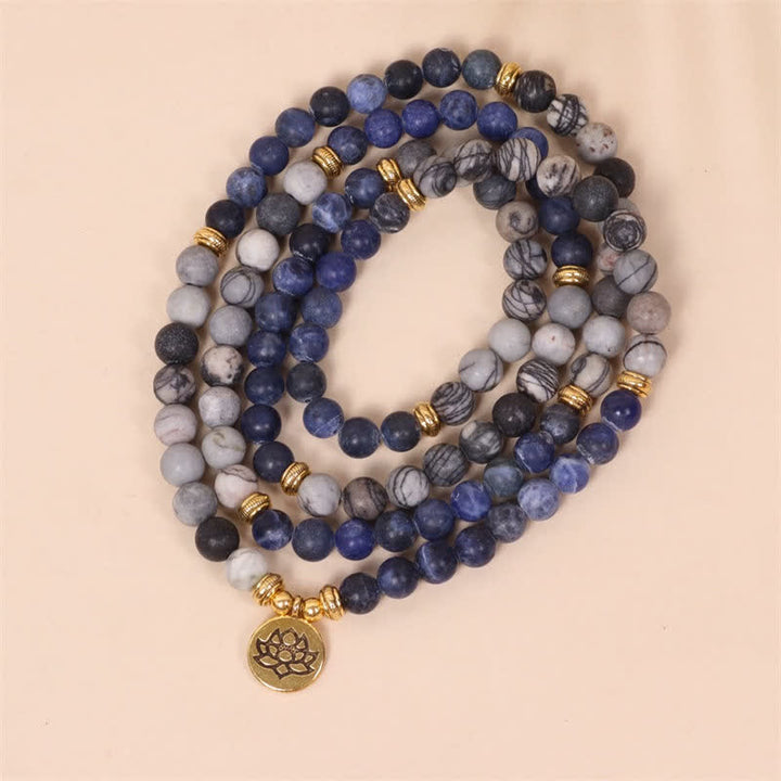 Buddha Stones 108 Mala Perlen Sodalith Zebra Jaspis Kristall Lotus Stärke Armband